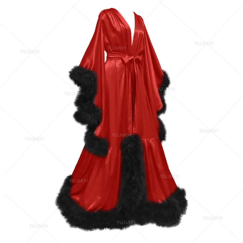 Customized Bathrobe for Women Flare Sleeves Feather Bridal Robe Nightgown Silk Long Wedding Scarf Dress Gown Photography Dress
