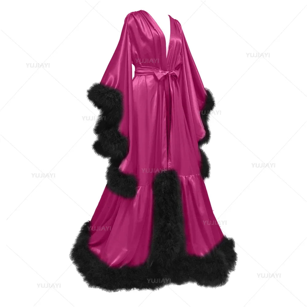 Customized Bathrobe for Women Flare Sleeves Feather Bridal Robe Nightgown Silk Long Wedding Scarf Dress Gown Photography Dress