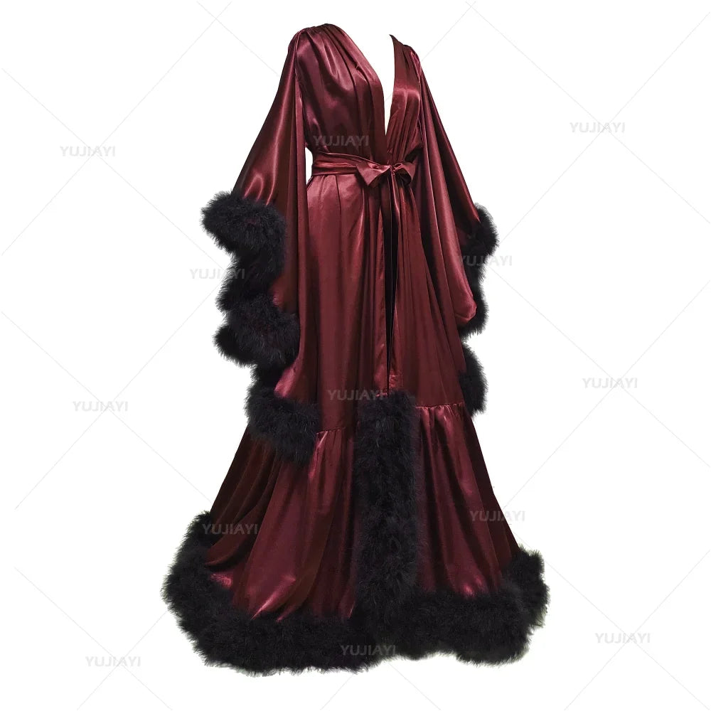 Customized Bathrobe for Women Flare Sleeves Feather Bridal Robe Nightgown Silk Long Wedding Scarf Dress Gown Photography Dress
