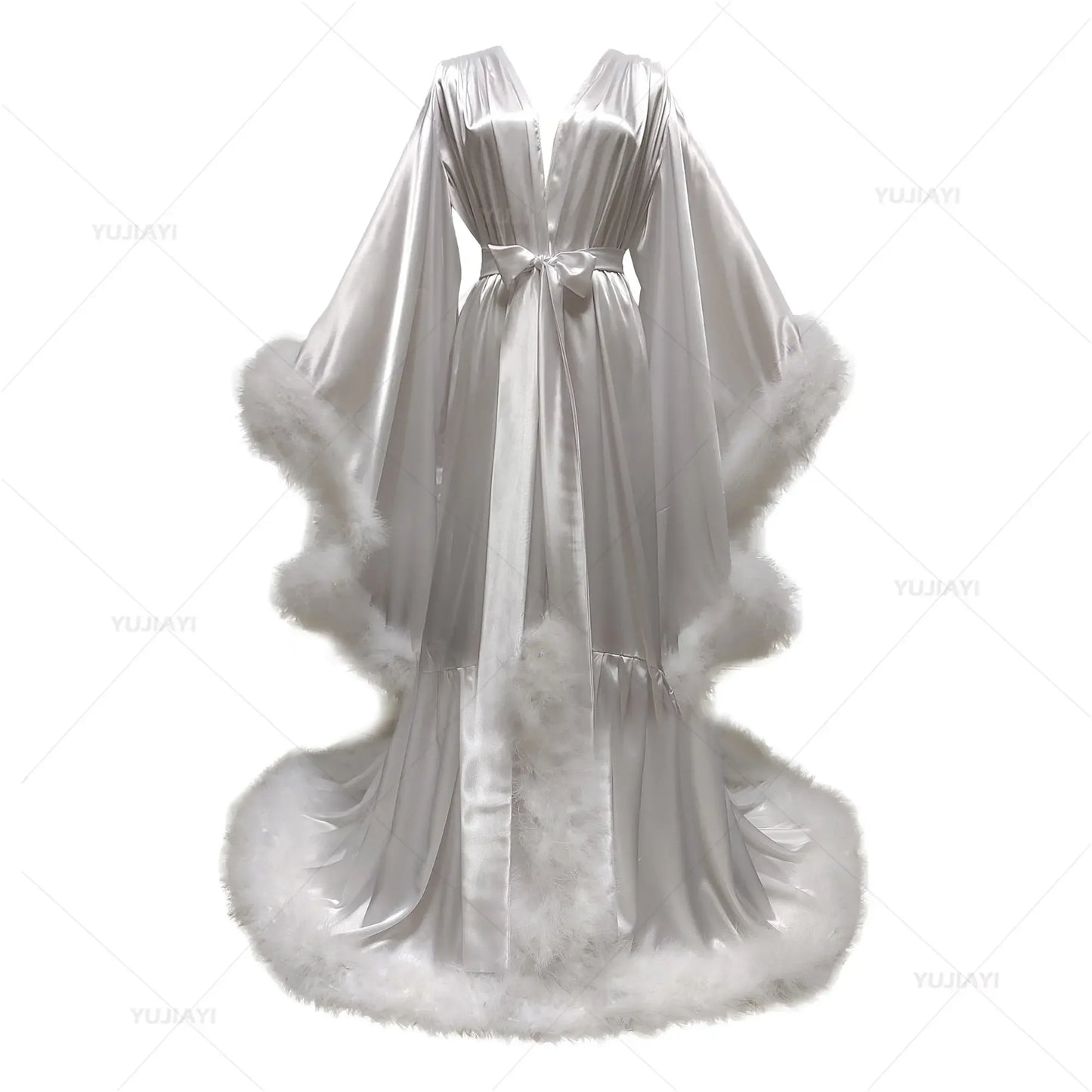 Customized Bathrobe for Women Flare Sleeves Feather Bridal Robe Nightgown Silk Long Wedding Scarf Dress Gown Photography Dress