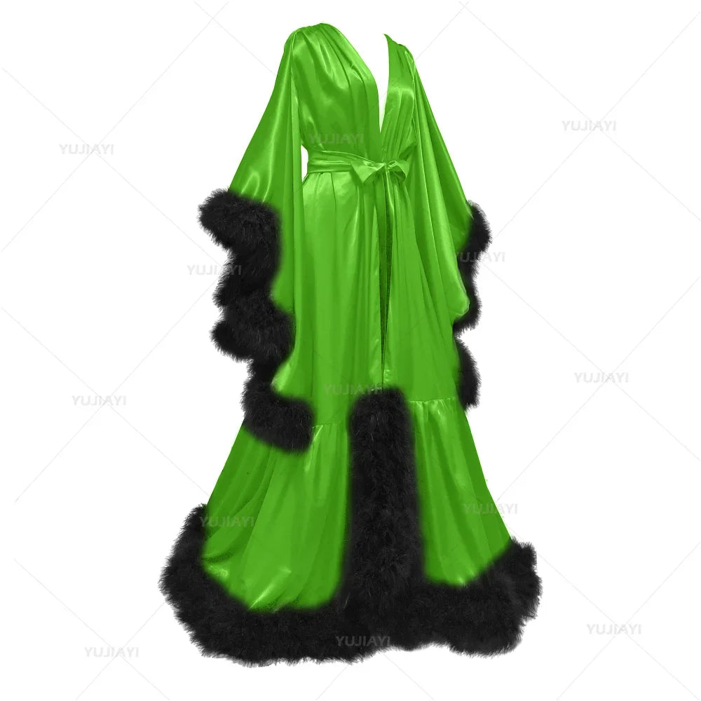 Customized Bathrobe for Women Flare Sleeves Feather Bridal Robe Nightgown Silk Long Wedding Scarf Dress Gown Photography Dress