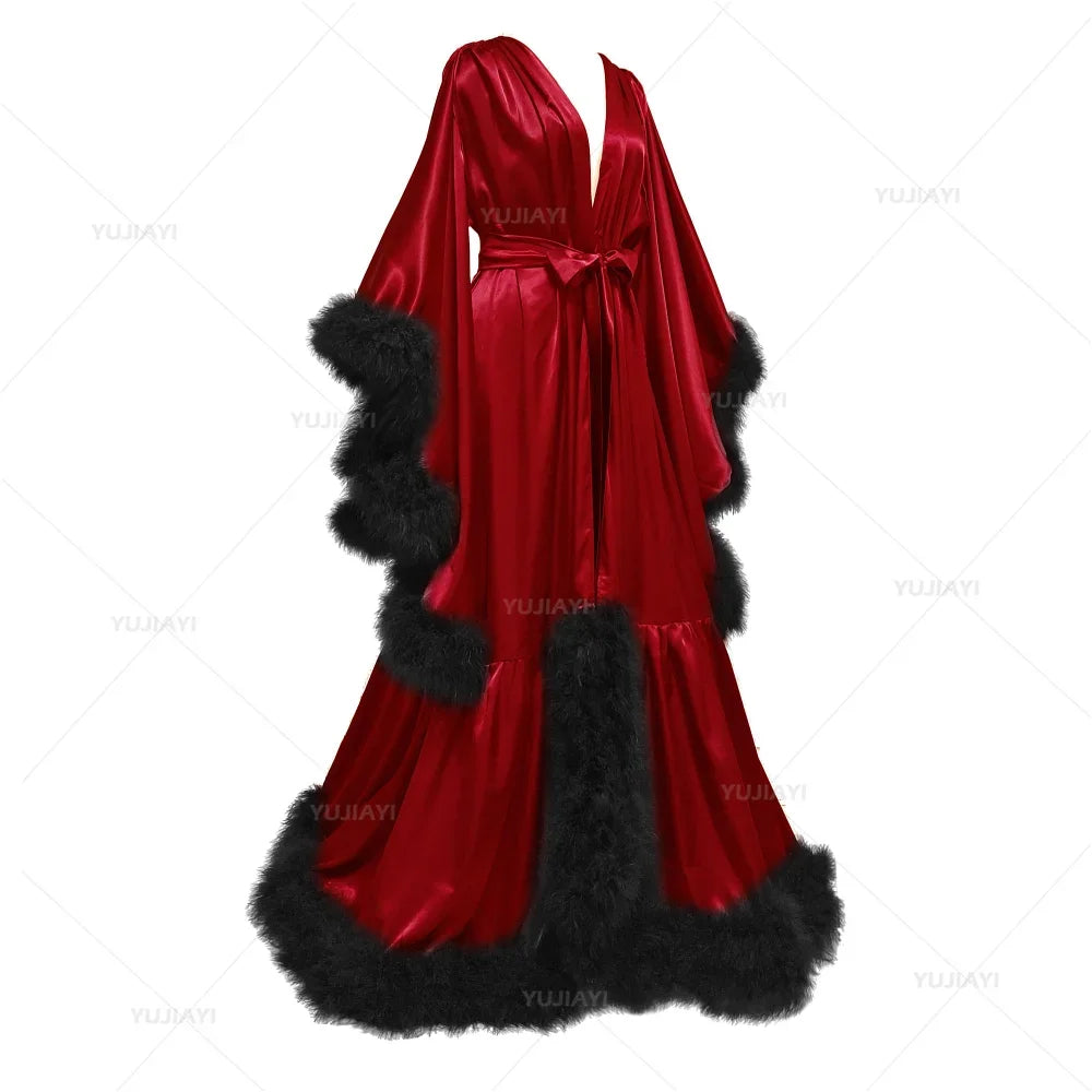 Customized Bathrobe for Women Flare Sleeves Feather Bridal Robe Nightgown Silk Long Wedding Scarf Dress Gown Photography Dress