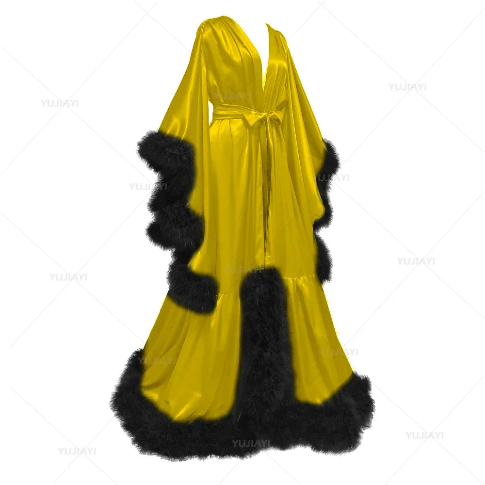 Customized Bathrobe for Women Flare Sleeves Feather Bridal Robe Nightgown Silk Long Wedding Scarf Dress Gown Photography Dress