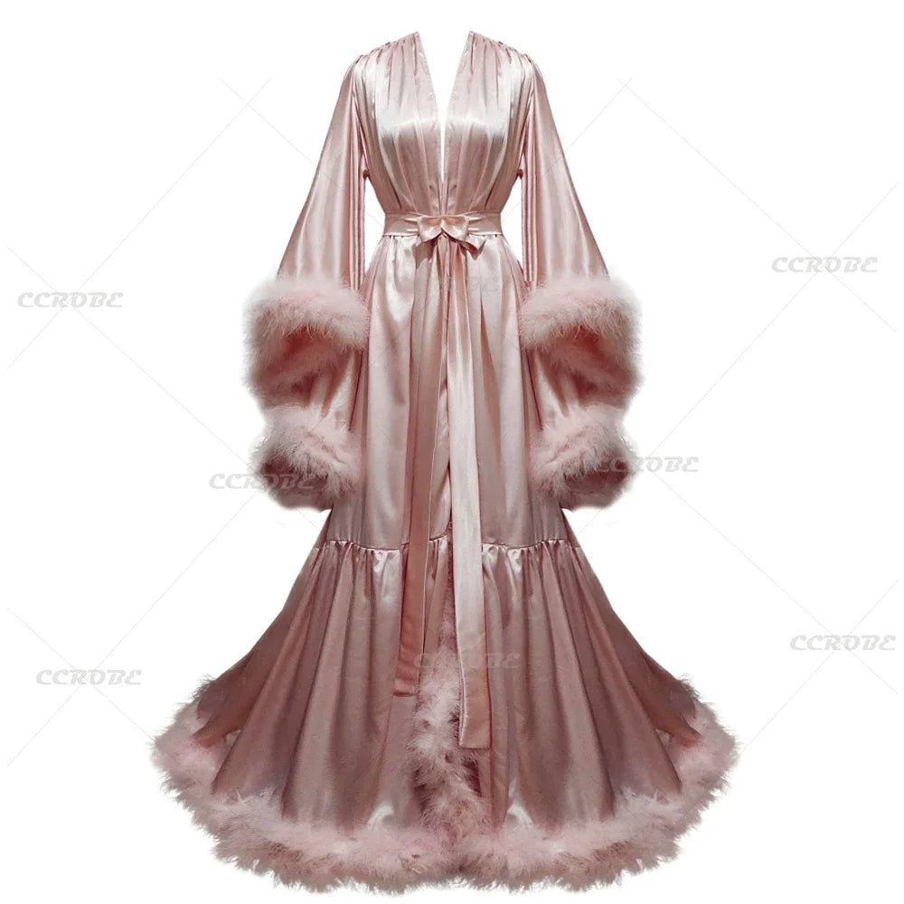Customized Bathrobe for Women Flare Sleeves Feather Bridal Robe Nightgown Silk Long Wedding Scarf Dress Gown Photography Dress