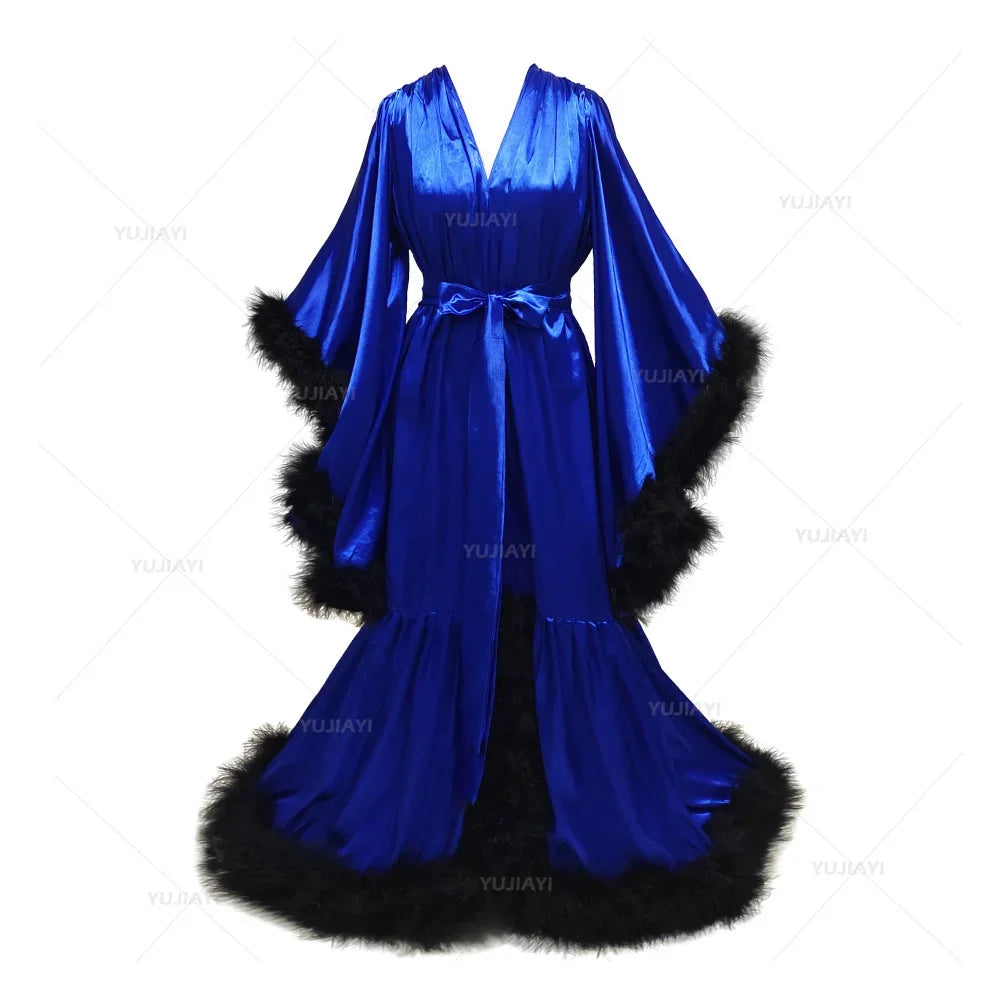 Customized Bathrobe for Women Flare Sleeves Feather Bridal Robe Nightgown Silk Long Wedding Scarf Dress Gown Photography Dress